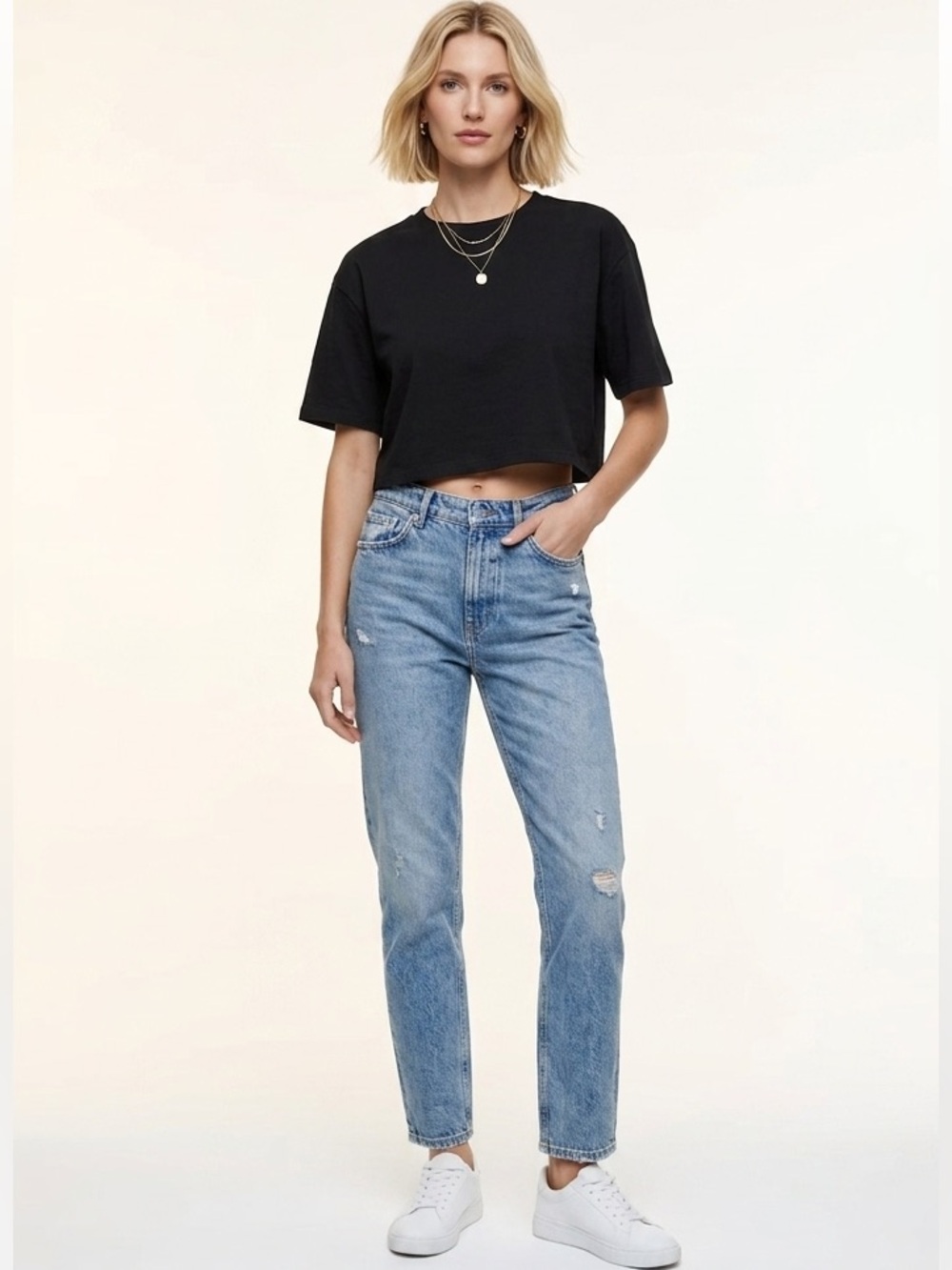 Zara Black Cropped Cotton Crewneck T-Shirt Size Large